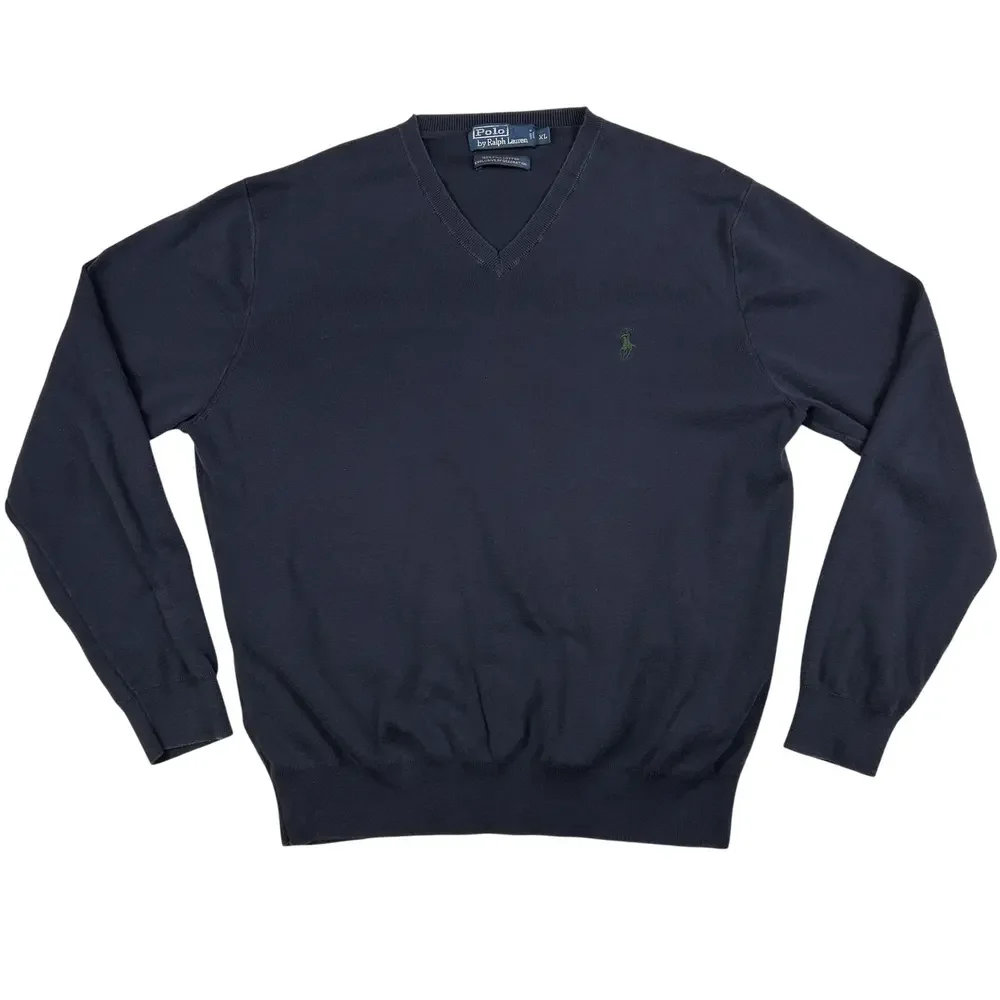 Polo Ralph Lauren Sweater Mens XL V-Neck Navy Blue Pima Cotton Knit Pullover